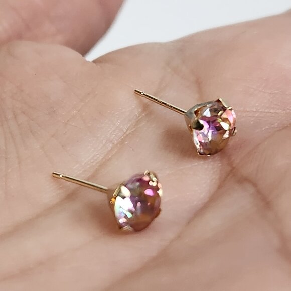 NIB VTG 14K Solid Gold 'Gizmo' (Pink) Mystic Topaz Stud Earrings - Picture 4 of 16